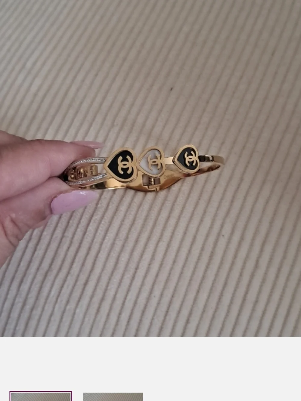 Fashion Jewelry Gold-Tone Heart Logo Bangle with Black & White Accents
